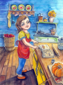 Girl with pony tail in red apron with cookbook on table, dishes and kitchenette in background.